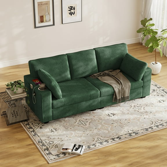 Rophefx 82" Loveseat Sofa for Living Room, Corduroy Love Seat Couches with Storage Armrest, USB Port, Cup holder, Green