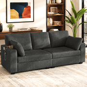 Rophefx 80" 3 Seater Sofa with USB Ports,Cup Holders, Corduroy Deep Seat Sofa Couch for Living Room Apartment Bedroom,Dark Grey