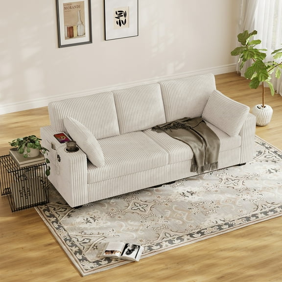 Rophefx 82" Loveseat Sofa for Living Room, Corduroy Love Seat Couches with Storage Armrest, USB Port, Cup holder, White