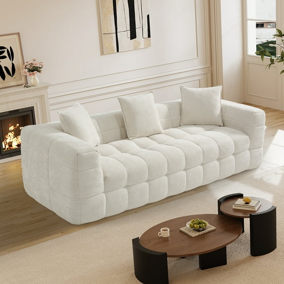 Rophefx Comfy Chenille 3 Seater Deep Seat Couch, Boneless Cloud Couch,Compression Sofa for Living Room,White