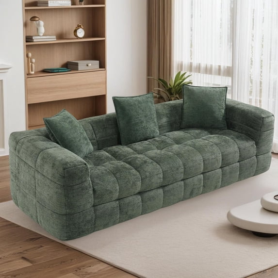 Rophefx Comfy Chenille 3 Seater Deep Seat Couch, Boneless Cloud Couch,Compression Sofa for Living Room,Green