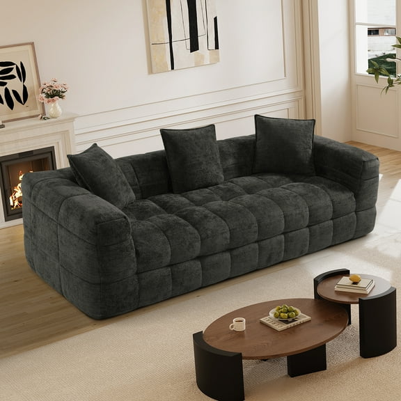 Rophefx Comfy Chenille 3 Seater Deep Seat Couch, Boneless Cloud Couch,Compression Sofa for Living Room,Black