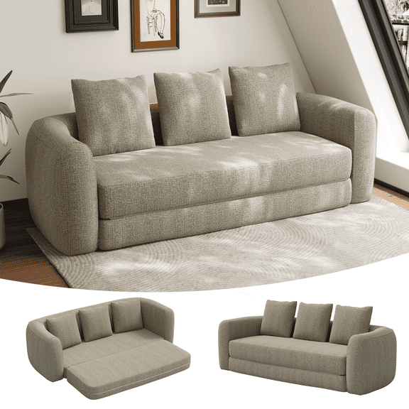 Rophefx 91" Oversized Convertible Sofa Bed, 2 in 1 Folding Couch Bed,Chenille Floor Sofa for Living Room Bedroom Lounge,Light brown