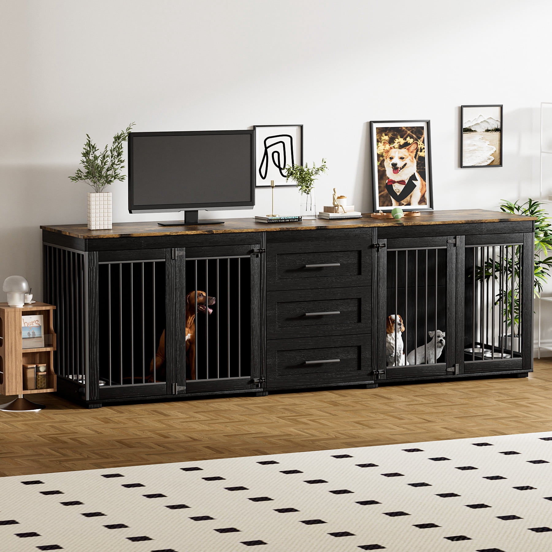 Rophefx 95.4" Dog Crate Furniture for 2 Dogs,Large Kennel with 3 Drawers and 4 Bowls,Wooden Heavy Duty Indoor Dog House,Black Brown