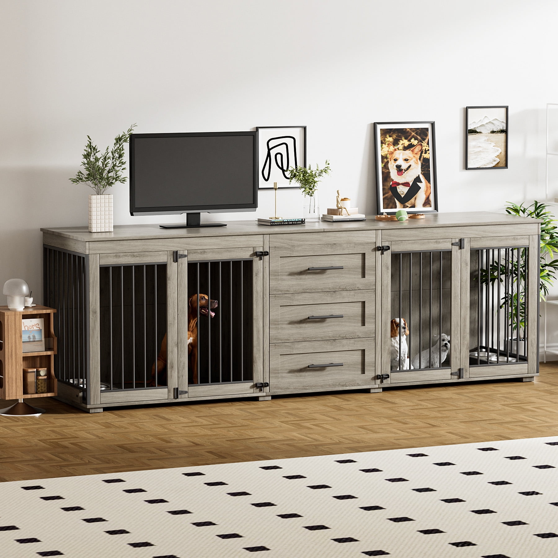 Rophefx 95.4" Dog Crate Furniture for 2 Dogs,Large Kennel with 3 Drawers and 4 Bowls,Wooden Heavy Duty Indoor Dog House,Grey