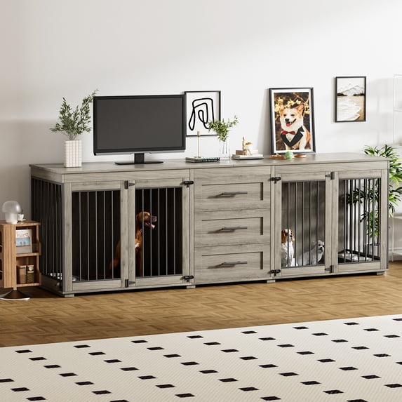 Rophefx 95.4" Dog Crate Furniture for 2 Dogs,Large Kennel with 3 Drawers and 4 Bowls,Wooden Heavy Duty Indoor Dog House,Grey