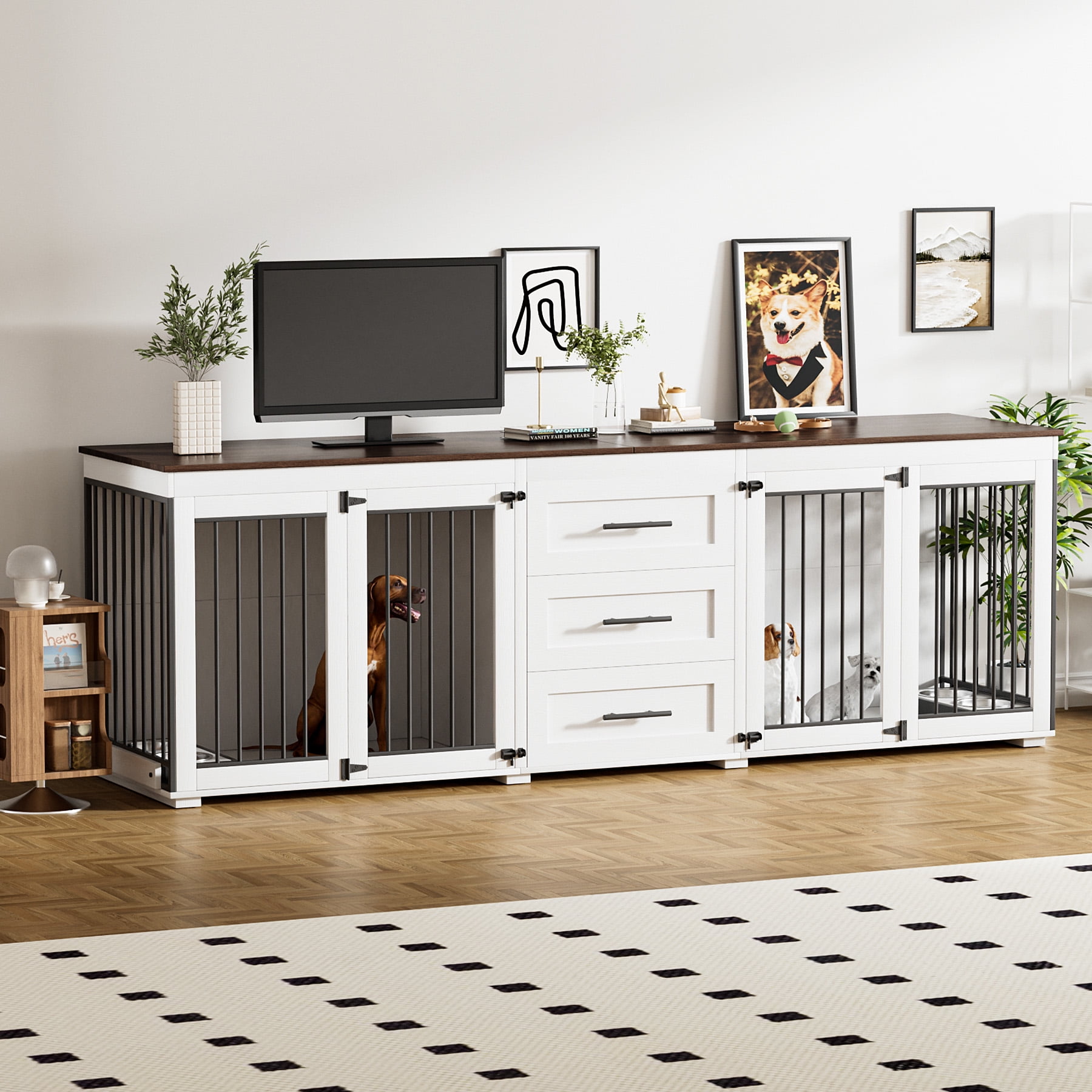 Rophefx 95.4" Dog Crate Furniture for 2 Dogs,Large Kennel with 3 Drawers and 4 Bowls,Wooden Heavy Duty Indoor Dog House,White