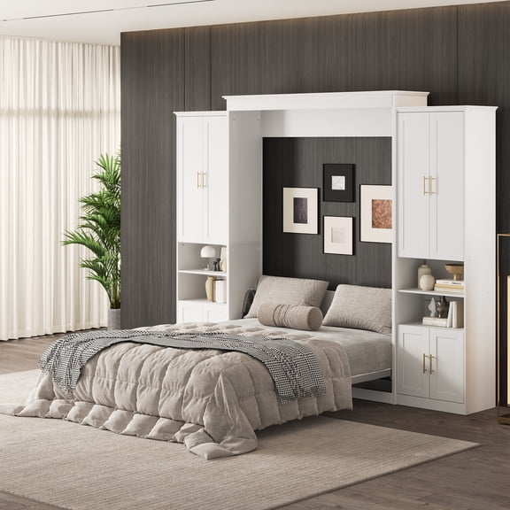 Rophefx Full Murphy Bed, with Storage Shelves, Wall Bed Cabinet, Foldable Platform Beds, Hidden Bedframe for Bedroom, Guest Room,White