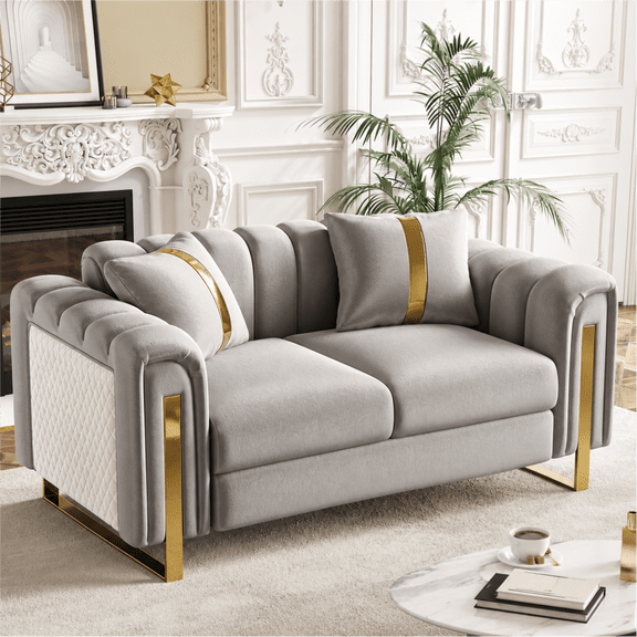 Rophefx Mid-Century Velvet 2 Seater Couch, Luxury 67" Chesterfield Sofa with Gold Legs & Pillows, Upholstered Deep Seat Couch for Living Room Apartment Office, Silver Gray