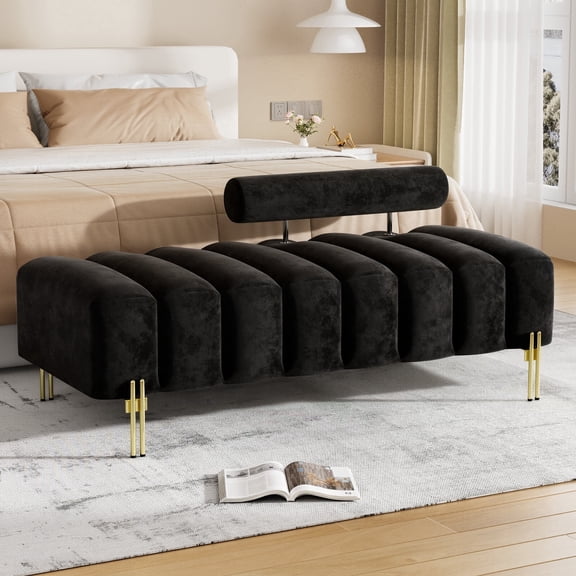 Rophefx Velvet Ottoman Bench, 52" End of Bed Bench with Gold Metal Legs,Modern Entryway Bench for Bedroom, Living Room,Black