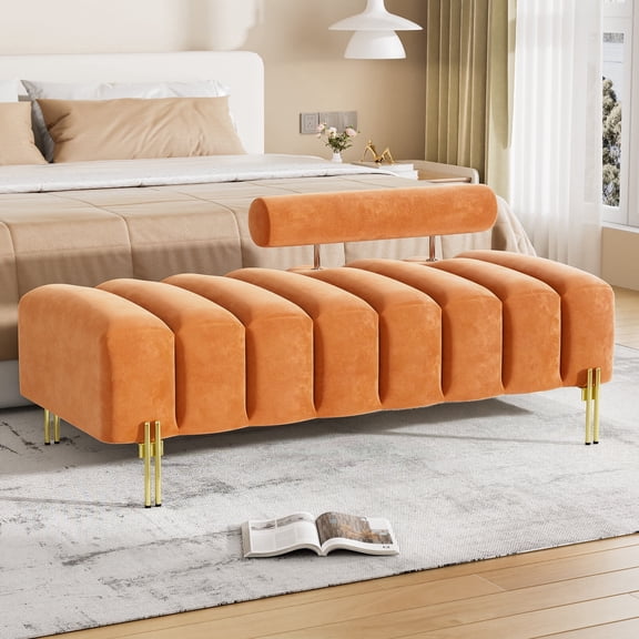 Rophefx Velvet Ottoman Bench, 52" End of Bed Bench with Gold Metal Legs,Modern Entryway Bench for Bedroom, Living Room,Orange