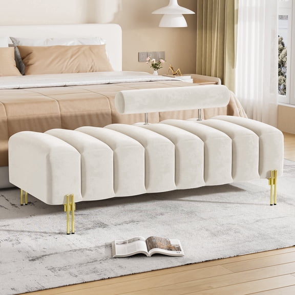 Rophefx Velvet Ottoman Bench,52" End of Bed Bench with Gold Metal Legs,Adjustable Backres for Bedroom Living Room, White