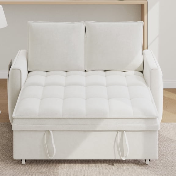 Rophefx 3-in-1 Pull Out Sofa Bed with Adjustable Backrest& Side Pockets,Convertible Chenille Futon Sofa for Living Room,White