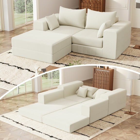 Rophefx Oversized Sectional Couches for Living Room, Corduroy Cloud Modular Sofa with Chaise, Convertible Sleeper Sofa Bed, No Assembly, White
