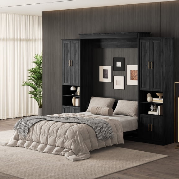 Rophefx Queen Murphy Bed, with Storage Shelves, Wall Bed Cabinet, Foldable Platform Beds, Hidden Bedframe for Bedroom, Guest Room,Black