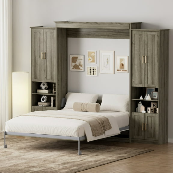 Rophefx Queen Murphy Bed, with Storage Shelves, Wall Bed Cabinet, Foldable Platform Beds, Hidden Bedframe for Bedroom, Guest Room,Grey