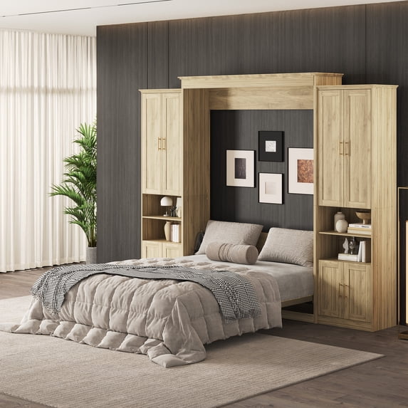 Rophefx Queen Murphy Bed, with Storage Shelves, Wall Bed Cabinet, Foldable Platform Beds, Hidden Bedframe for Bedroom, Guest Room,Natural