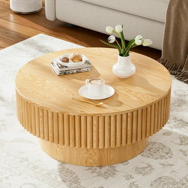 Rophefx 31.5" Round Coffee Table for Living Room,Mid Century Modern Wooden Center Table with Storage,Natural