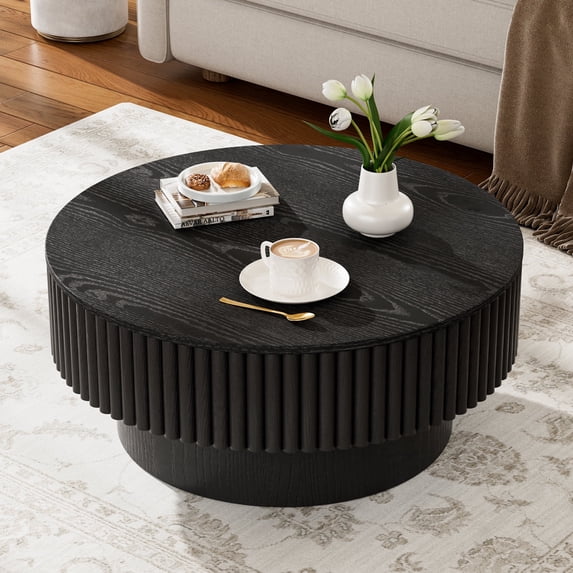 Rophefx 31.5" Round Coffee Table with Storage,Modern Wooden Accent Center Table for Living Room Apartment Small Space,Black