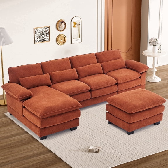 Rophefx 113" U Shaped Modular Sectional Sofa 4 Seat Chenille Cloud Couch Sofa with Chaise,Ottoman&Deep Seat for Living Room,Orange