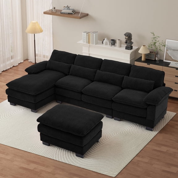 Rophefx 114.3" U Shaped Sectional Couches for Living Room,Cloud Couch,4 Seats Chenille Couch with Double Layer Cushion,Black