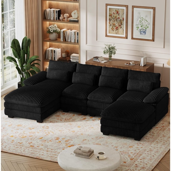 Rophefx 113" U Shaped Sectional Sofa 4 Seat Modular Cloud Couch Sofa with Double Chaise,Ottoman,Deep Seat for Living Room,Corduroy,Black