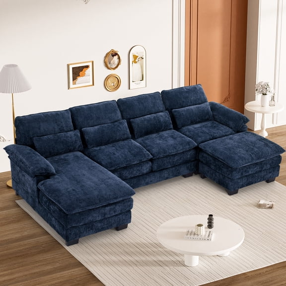 Rophefx 113" U Shaped Modular Sectional Sofa 4 Seat Chenille Cloud Couch Sofa with Chaise,Ottoman&Deep Seat for Living Room,Dark Blue