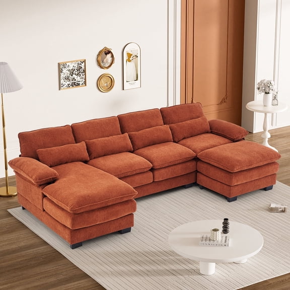 Rophefx 113" U Shaped Modular Sectional Sofa 4 Seat Chenille Cloud Couch Sofa with Chaise,Ottoman&Deep Seat for Living Room,Orange