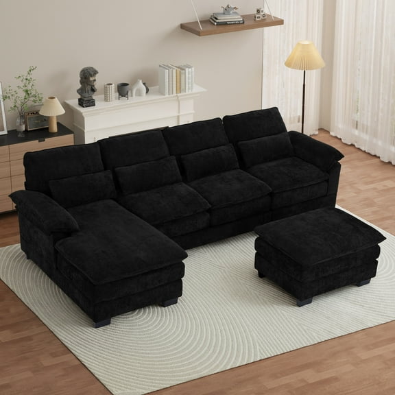 Rophefx 114.3" U Shaped Sectional Couches for Living Room,Cloud Couch,4 Seats Chenille Couch with Double Layer Cushion,Black