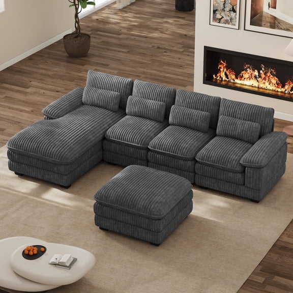Rophefx 113" Modular Cloud Couch,U Shaped Sectional Sofa with Ottoman Double Layer Cushion,Corduroy Fabric Deep Seater Sofa Couch for Living Room Sofa,Gray