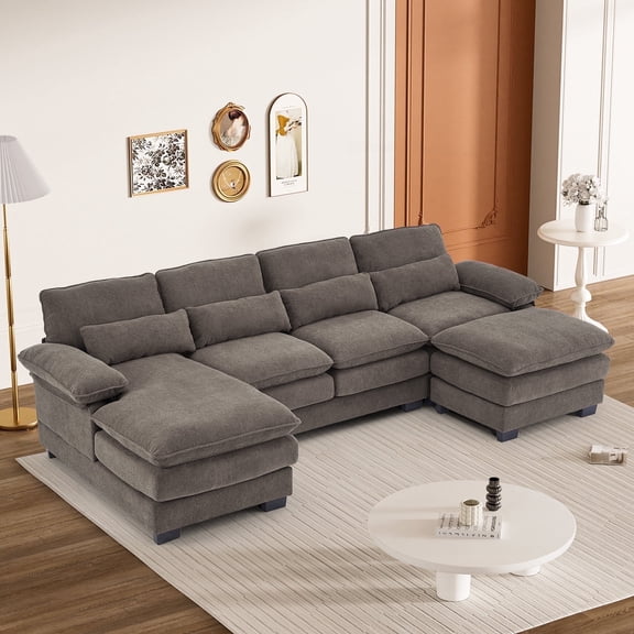 Rophefx 113" U Shaped Modular Sectional Sofa 4 Seat Chenille Cloud Couch Sofa with Chaise,Ottoman&Deep Seat for Living Room,Grey