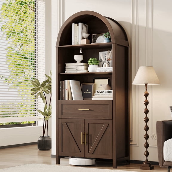 Rophefx 70.8" Tall Arched Cabinet,Walnut Wood Storage Bookcase Cabinet with Drawer,5-Tier Arched Bookshelf with Doors for Living Room, Kitchen,Offic,Bedroom