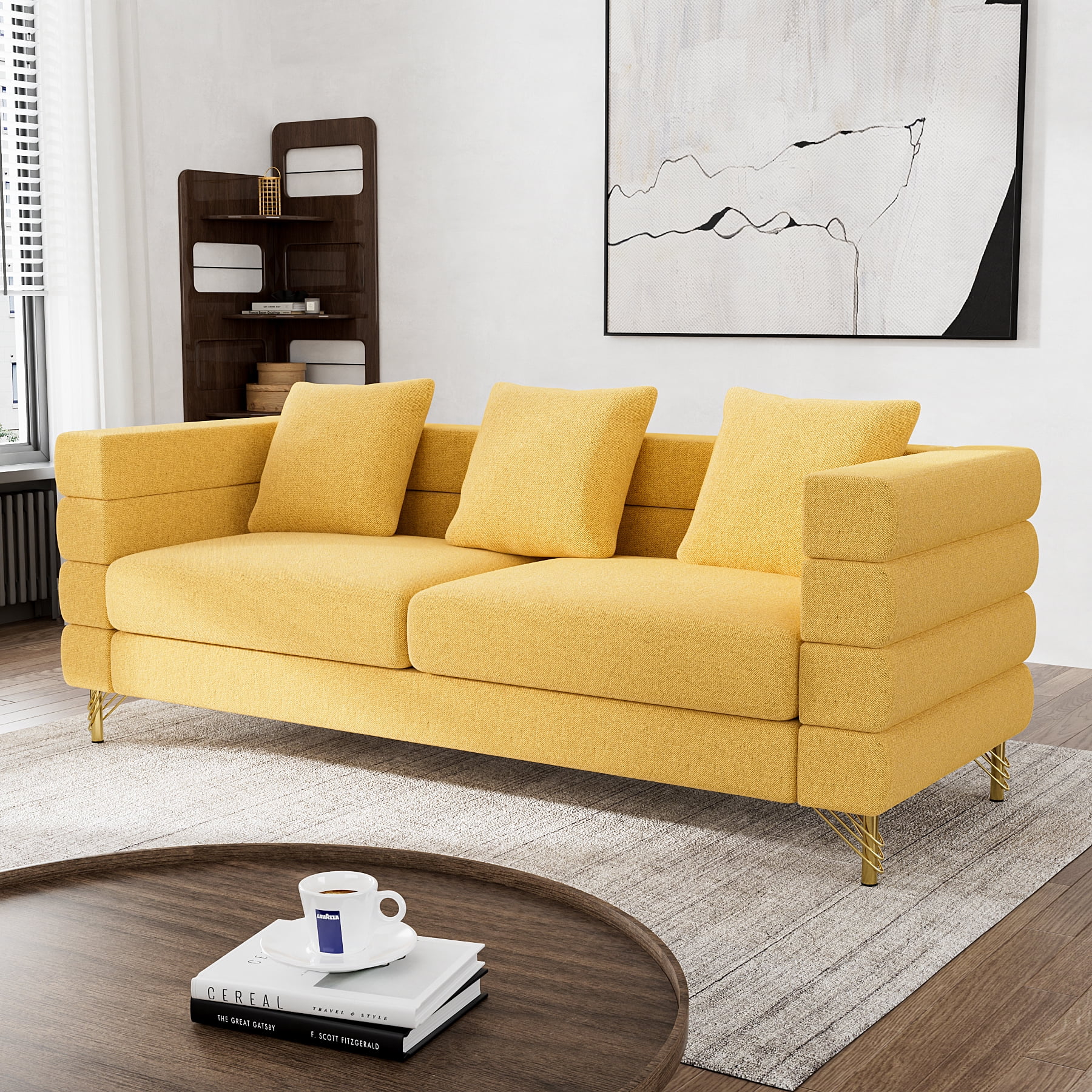 Rophefx Teddy Fabric Overstuffed Sectional Sofa Sets, Modern 3Seater Sofa Couch with Pillows