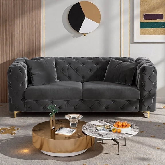 Rophefx 75'' Velvet Chesterfield Sofa, 3 Seater Sofa Couch With Gold Metal Legs, Deep Seat Button Tufted Couch for Living Room,Apartment,Black