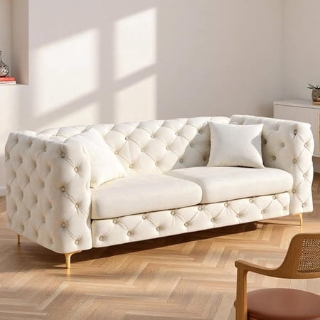 Rophefx 75'' 3 Seater Sofa, Comfy Velvet 3 Seat Sofa Couch With Gold Legs,Extra Deep Seat,Standard Couch for Living Room, Bedroom, Apartment,Beige