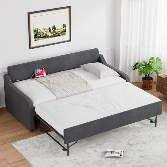 Rophefx Twin Size Upholstery Daybed with Pop Up Trundle Bed and USB Charging Port for Bedroom