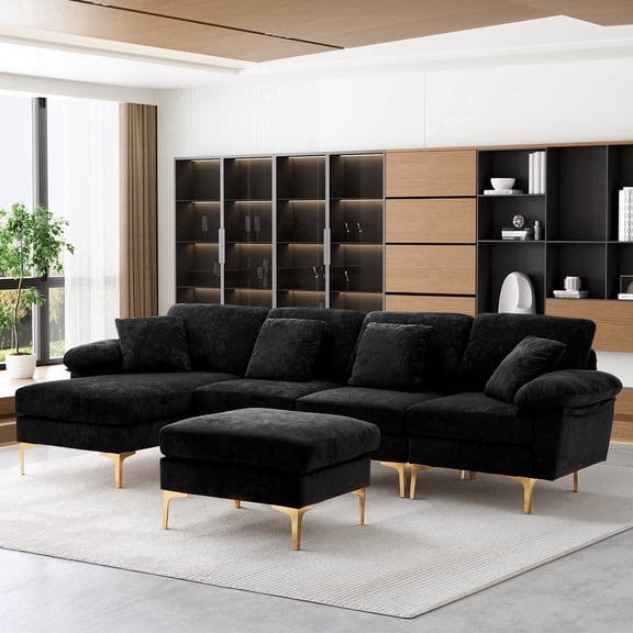 Rophefx 114" Velvet U Shaped Sectional Sofa with Chaise & Ottoman, 4 Seater Deep Seat Modular Couch with Washable Covers for Living Room Apartment,Black