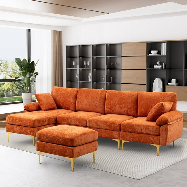 Rophefx 114.42" Sectional Couches for Living Room,Modern Velvet Fabric U-Shaped Couch,4-Seat Sofa with Chaise and Ottoman,Orange