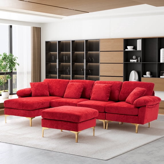 Rophefx 114" Modular Sectional Sofa,Velvet U Shaped Sectional Sofa Couch with Chaise Lounge,Ottoman &Gold Legs 4 Deep Seater Sofa for Living Room Bedroom Apartment,Red