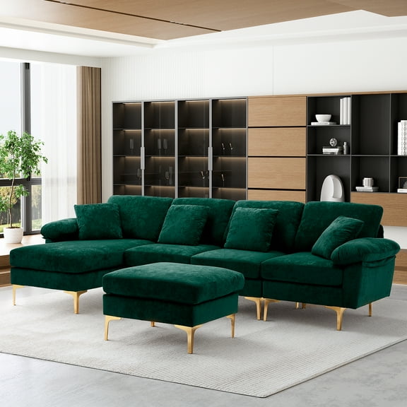 Rophefx 114" Sectional Sofa for Living Room,Modern Velvet Couch,U-Shaped Sofa with Chaise and Ottoman,Green