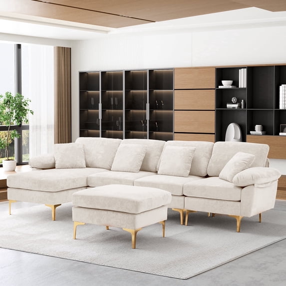 Rophefx 114" Modular Sectional Sofa,Velvet U Shaped Sectional Sofa Couch with Chaise Lounge,Ottoman &Gold Legs 4 Deep Seater Sofa for Living Room Bedroom Apartment,Beige