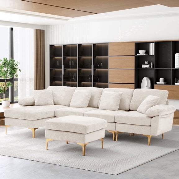 Rophefx 114" Velvet U Shaped Sectional Sofa with Chaise & Ottoman, 4 Seater Deep Seat Modular Couch with Washable Covers for Living Room Apartment,Beige