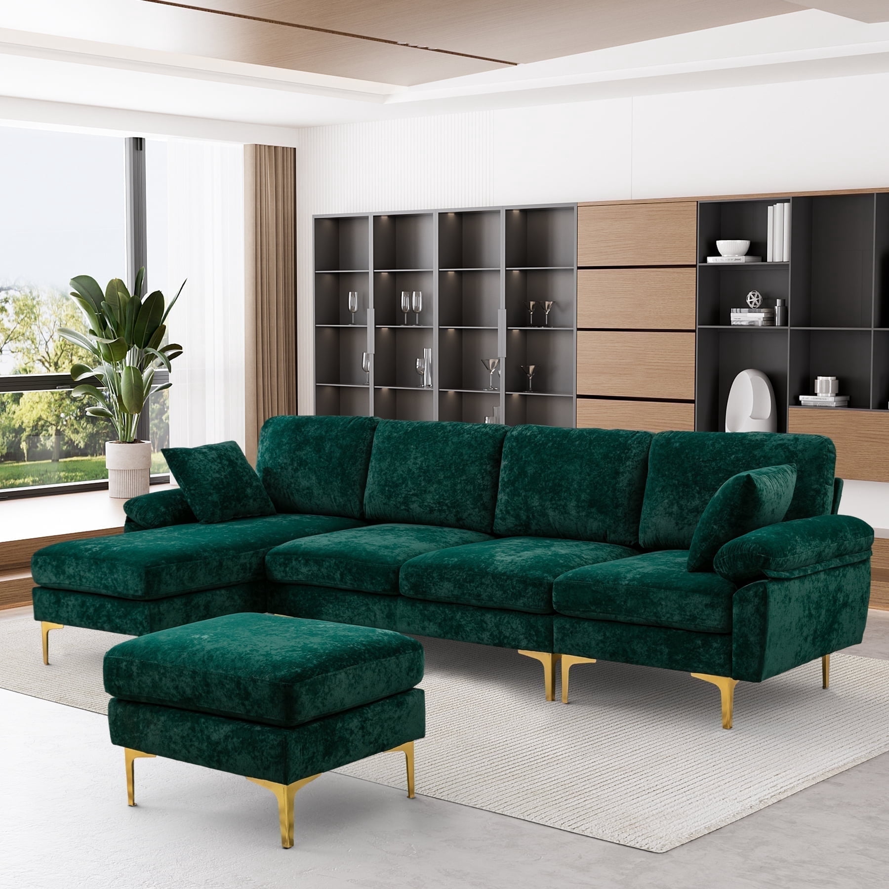Rophefx 114" Modular Sectional Sofa,Velvet U Shaped Sectional Sofa Couch with Chaise Lounge,Ottoman &Gold Legs 4 Deep Seater Sofa for Living Room Bedroom Apartment,Green