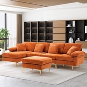 Rophefx 114 Velvet U Shaped Sectional Sofa with Chaise & Ottoman, 4 Seater Deep Seat Modular Couch with Washable Covers for Living Room Apartment,Orange