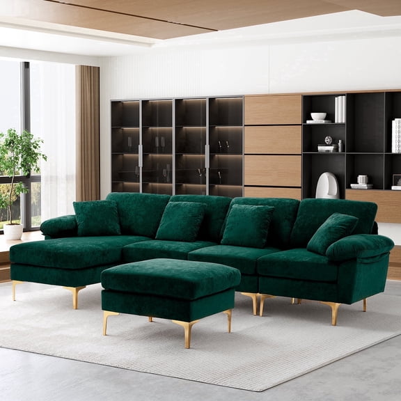 Rophefx 114" Velvet U Shaped Sectional Sofa with Chaise & Ottoman, 4 Seater Deep Seat Modular Couch with Washable Covers for Living Room Apartment,Green