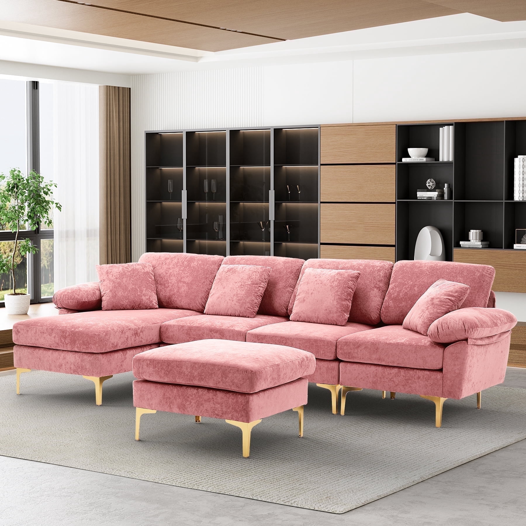 Rophefx 114" Sectional Sofa for Living Room, Modern Velvet U Shaped Sofa with Chaise and Ottoman, 4 Seater Sofa Couch Set,Pink