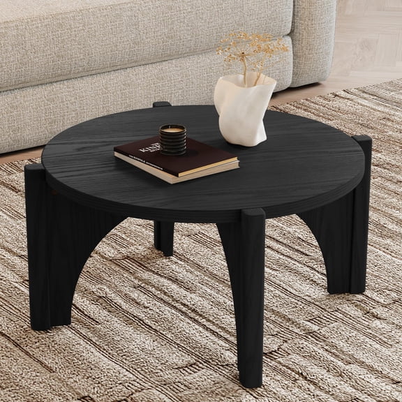 Rophefx 32" Round Wood Coffee Tables, Modern Circle Coffee Table with Thick Mesa Center Accent Side Table for Bedroom Balcony Living Room Furniture,Black