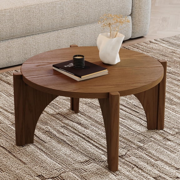 Rophefx 32" Round Wood Coffee Tables, Modern Circle Coffee Table with Thick Mesa Center Accent Side Table for Bedroom Balcony Living Room Furniture,Walnut