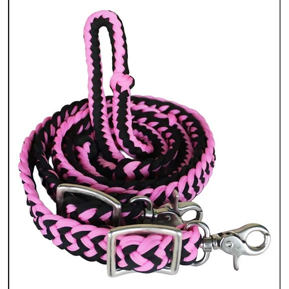 Roping Knotted Horse Tack Western Barrel Reins Nylon Braided Pink Black 60706