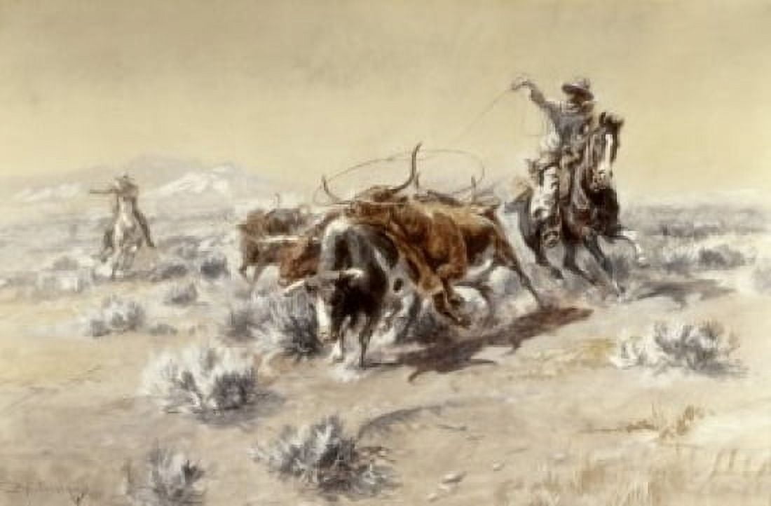 Roping The Longhorns Charles Marion Russell (1865-1926 American) Canvas Art - Charles Marion Russell (18 x 24)